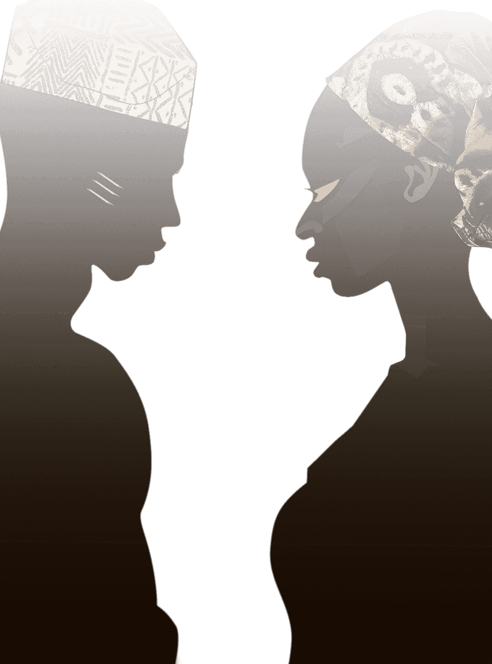 A man in a patterned fìlà and a woman in an amber gèlè, drawn in profile, facing one another.